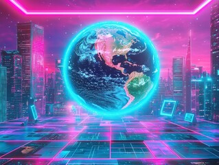 Neon earth hovers above a futuristic cityscape platform
