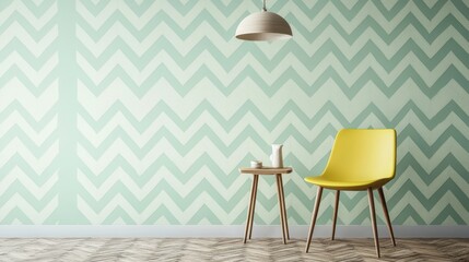 Yellow chair, table, and lamp in room, green wall and wooden floor