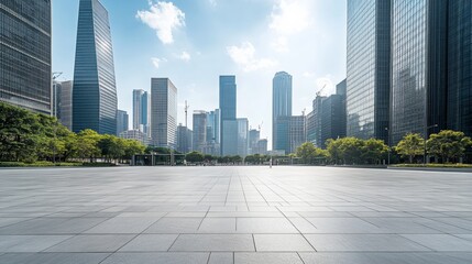 A large plaza with distant skyscrapers. Featuring serenity and growth
