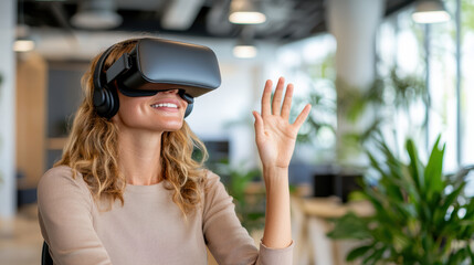 young professional using virtual reality headset, smiling and waving