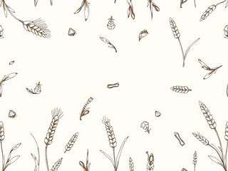 Hand-drawn sketch of wheat spikelets forming a seamless border, natural, hand-drawn, agriculture