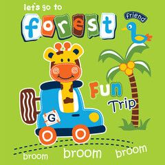 Playful cartoon giraffe driving a car on a fun forest trip with a bird and palm tree. Children's adventure concept
