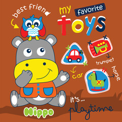 Playful cartoon hippo with owl surrounded by toys in a fun playtime scene. Children's toy concept
