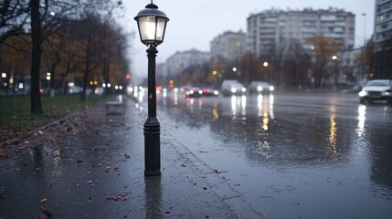 Rainy City Street Scene with Lamppost