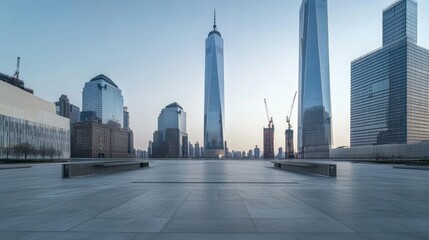 Obraz premium A large plaza with distant skyscrapers. Featuring serenity and opportunity