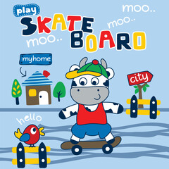 Playful cartoon cow skateboarding in the city with colorful text. Children's sports concept
