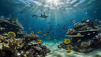 Fototapeta premium The dynamic underwater scene displays a variety of marine life, with a message about the importance of clean water for the ecosystem