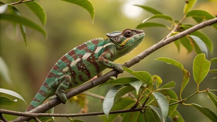 Obraz premium Veiled Chameleon on Branch: A vibrant veiled chameleon with striking green, blue and brown markings camouflages itself seamlessly against a branch and leaves.