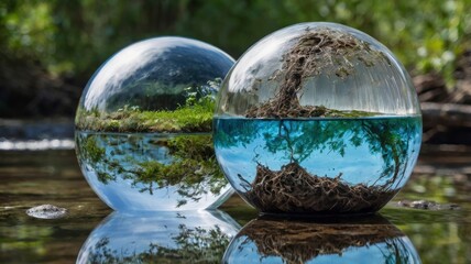 Two Globe Glass with A split image depicting a polluted river on one side and a pristine, crystal-clear river on the other, highlighting the impact of human actions on water quality.