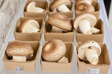 The mushrooms are arranged at different angles