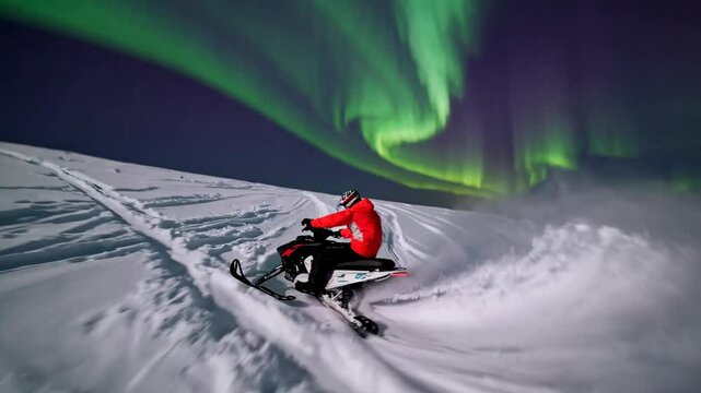 A dynamic video still of a snowmobiler in a red jacket, captured from a low rear angle, racing under vibrant green northern lights in a snowy landscape.