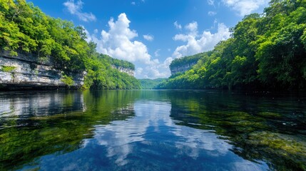 Fototapeta premium Calm river reflecting sky, lush green canyon walls. Nature, travel, scenic