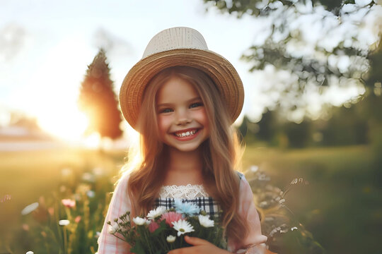 Girl Holding Wildflowers in a Field at Sunset Wearing a Straw Hat and Plaid Dress
