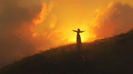 Fototapeta premium Sunset Serenity: A Woman's Embrace of Golden Hour