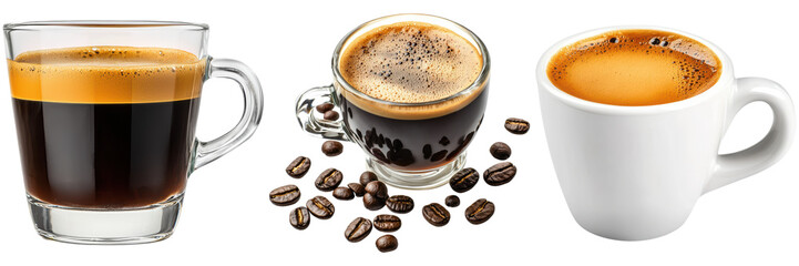 Three Stylish Coffee Varieties with Coffee Beans on White Background