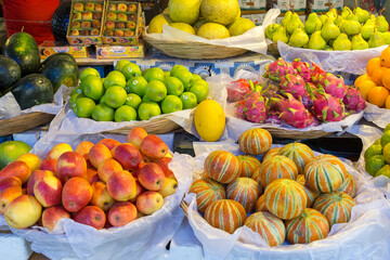 Asia, India, Mumbai. Fresh fruit on display at street market.