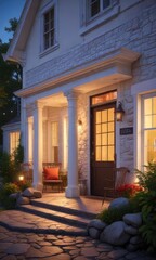 A beautifully lit porch surrounds a white house with a large stone fireplace and a cozy reading nook, warm ambiance, brightly decorated porch