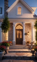 A beautifully lit porch surrounds a white house with a large stone fireplace and a cozy reading nook, outdoor living space, cozy reading nook