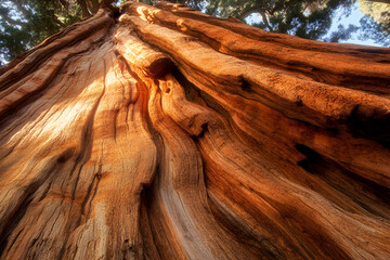 Giant Redwood Majesty: An awe-inspiring upward perspective of a towering giant redwood tree, showcasing the textured bark and reaching towards the sky.
