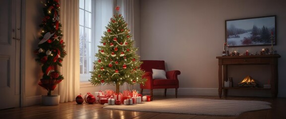 A beautifully lit Christmas tree with red and white ornaments and a warm, cozy glow, winter wonderland, evergreen tree, Christmas tree with red and white ornaments