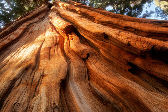 Giant Redwood Majesty: An awe-inspiring upward perspective of a towering giant redwood tree, showcasing the textured bark and reaching towards the sky.