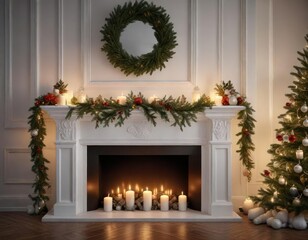 A beautifully decorated spruce garland draped across a frosty white mantelpiece, surrounded by candles, ornaments, and festive decorations , frosty garland, elegant design, ornaments
