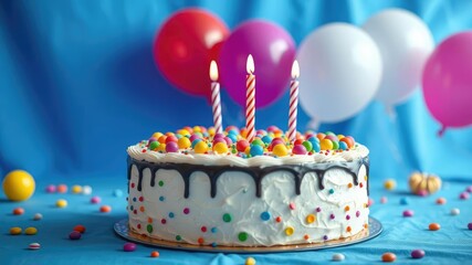 A beautifully designed birthday cake with a creamy topping and decorated with colored candies near balloons in a blue tablecloth, festive centerpiece, fancy dessert, blue tablecloth