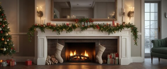 A beautifully decorated mantel with stockings, garlands, and holly, festive holiday decor, wintery fireplace, holiday cheer
