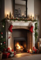 A beautifully decorated mantel with stockings and festive decorations above a fireplace on Christmas Eve, holiday decorations, crackling fire, christmas eve