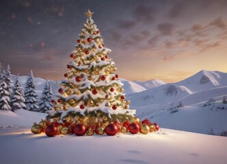A beautifully decorated white Christmas tree sits atop a snowy hill with golden and red ornaments glistening under the stars , starry night sky, festive colors