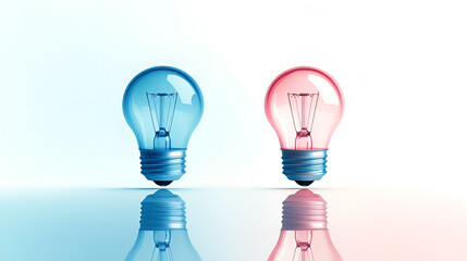 Creative Dichotomy: A striking composition features two contrasting light bulbs, one bathed in cool blue and the other in warm red light, subtly casting reflections.