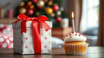 A beautifully decorated gift box tied with a red ribbon sits next to a vanilla cupcake with a lit birthday candle on top in a festive room setting, red ribbon, party decor