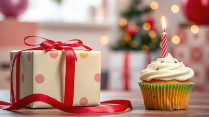 A beautifully decorated gift box tied with a red ribbon sits next to a vanilla cupcake with a lit birthday candle on top in a festive room setting, red ribbon, cupcake, birthday candle