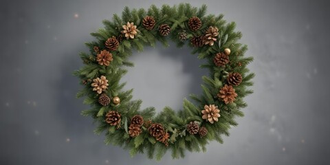 A beautifully decorated Christmas wreath made of glittering evergreen branches and pinecones, cozy holiday, pinecones