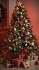 A beautifully decorated Christmas tree with twinkling red lights and a pile of presents underneath, gifts, shiny, celebration