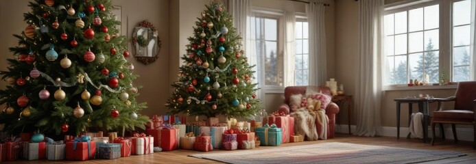 A beautifully decorated Christmas tree with a variety of colorful ornaments and gifts, holiday decorations, presents