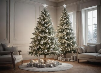 A beautifully decorated Christmas tree with a white and silver theme , silver, sparkling tree
