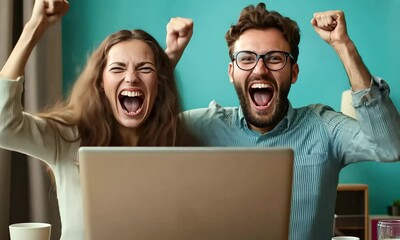Excited Couple Celebrating Success on Laptop, Teal Background