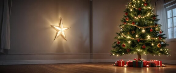 A beautifully decorated Christmas tree with a shining star atop, pine, wooden