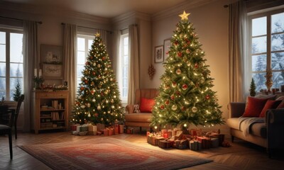 A beautifully decorated Christmas tree in a cozy living room, holiday arrangements, cozy atmosphere