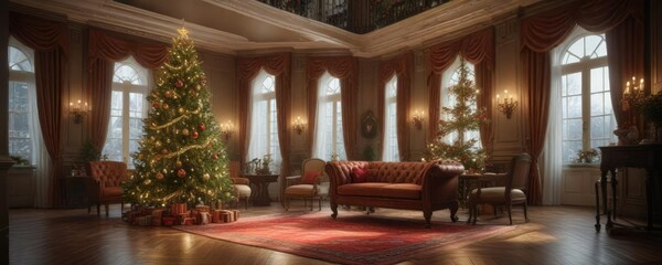 A beautifully decorated Christmas tree in a lavish mansion, sparkling lights, high-end holiday decor, festive atmosphere