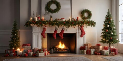 A beautifully decorated Christmas mantel with stockings and garlands, Stockings and Garlands, Winter Wonderland
