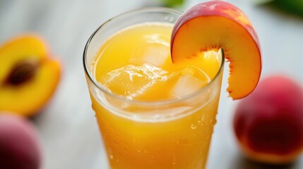 summer cocktail with ice and peaches on a wooden background.