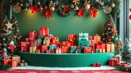 A beautifully arranged green podium stand filled with colorful Christmas gifts in various shapes and sizes amidst festive holiday decorations, Festive decoration, Gift basket