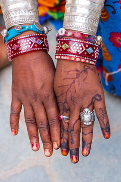 South Asia, India, Republic of India. Traditional Bhuj, Vagadiya, Rabari indian henna for hands, and jewelry for women.
