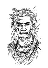 Indigenous Warrior Portrait – Tribal Line Art Illustration