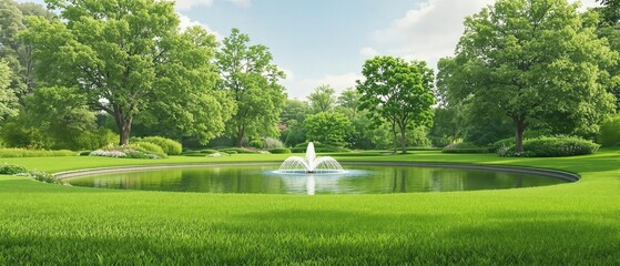 A beautiful green lawn with a pond and fountain , green lawn, outdoor decor, nature, water feature, fountain