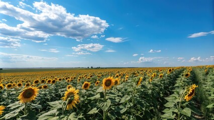 A beautiful field of sunflowers stretching towards the horizon against a bright blue sky with just a few wispy clouds, sunflowers, cloud, landscape, rural, sunset