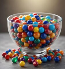 A beautiful bowl filled with colorful glass marbles and small decorative balls, playful, bowl, glass marbles