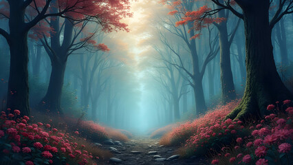 Fantasy forest path through trees and bright pink flowers, enchanted landscape, digital painting